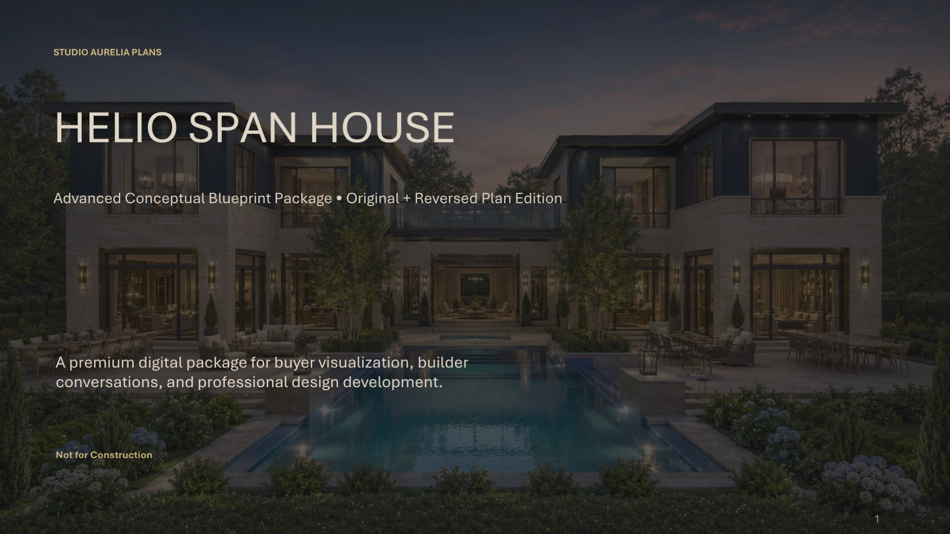 Helio Span House marketing image for luxury home plan package showing modern estate exterior, original vs reversed layout options, courtyard-centered living, indoor-outdoor design, and architectural blueprint tour.