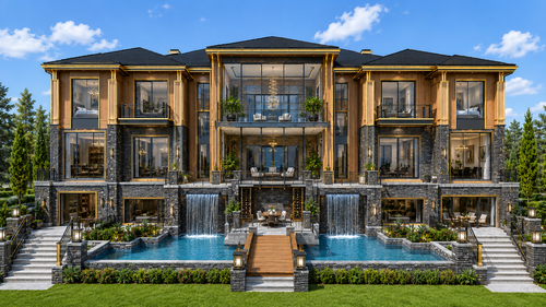 Luxurious multi-story house with a pool and water features, surrounded by trees and clear sky. Own One of the Most Distinctive Luxury Estate Concepts Available Today — Featuring a Grand Glass Atrium, Waterfall Entry Experience, Resort-Level Amenities, and Over 18,500 Square Feet of Architectural Excellence.