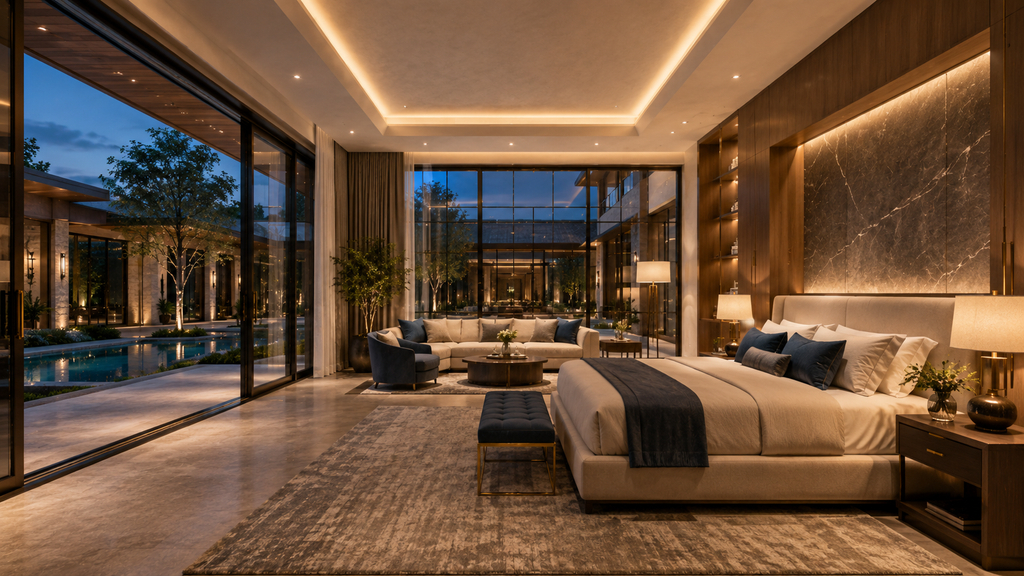 Luxurious bedroom with large windows, modern furniture, and decorative elements. Main floor plan overview for Helio Span House showing original and reversed floor plans, 4,978 sq ft main level, foyer, courtyards, garage, kitchens, office, bedrooms, bathrooms, and luxury estate layout.
