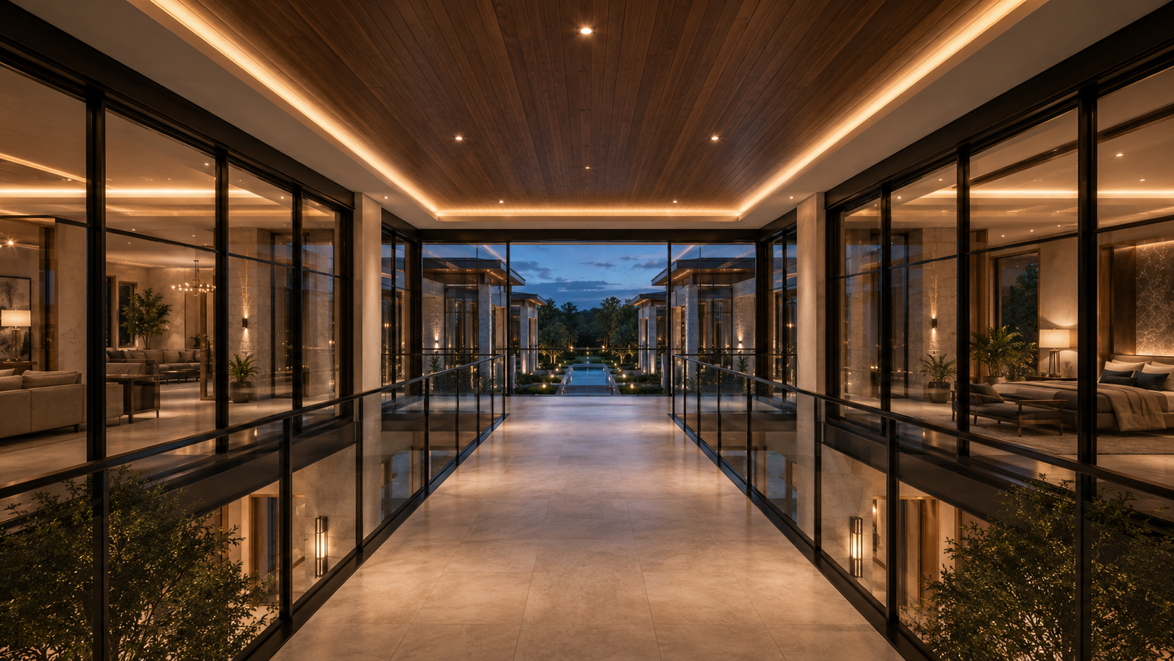 Modern architectural interior with glass walls and ceiling, reflecting indoor and outdoor spaces. Luxury modern foyer rendering for Reversed Helio Span House featuring double-height entry, glass walls, illuminated staircase, courtyard pool view, stone wall finishes, gold accents, and elegant contemporary interior design.