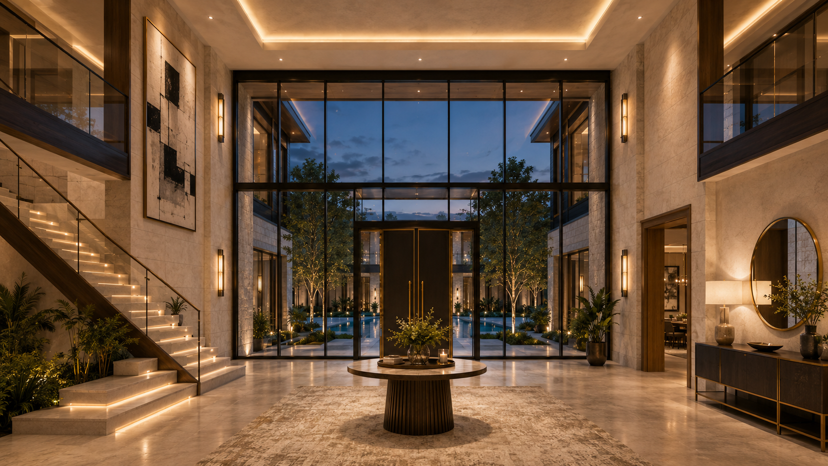 Luxurious interior of a modern building with large glass windows and elegant decor.