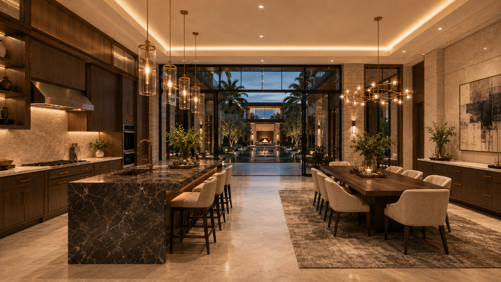 Luxurious kitchen and dining area with marble countertops and modern decor. Reversed Helio Span House interior concept board showing mirrored luxury layout, foyer, kitchen, living room, bedroom, office, courtyard pool views, glass bridge, and premium modern interior design package.