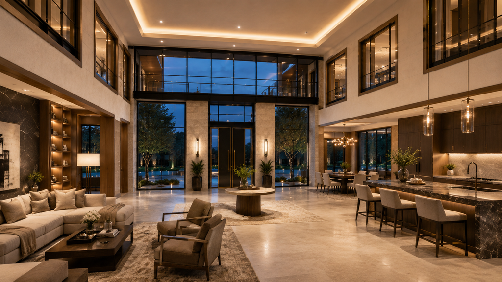 Luxurious interior of a modern home with open floor plan, large windows, and elegant decor. Premium modern mansion blueprint image featuring Helio Span House original floor plan, reversed floor plan, luxury courtyard residence, pool axis, glass bridge, material palettes, renderings, and advanced conceptual design.