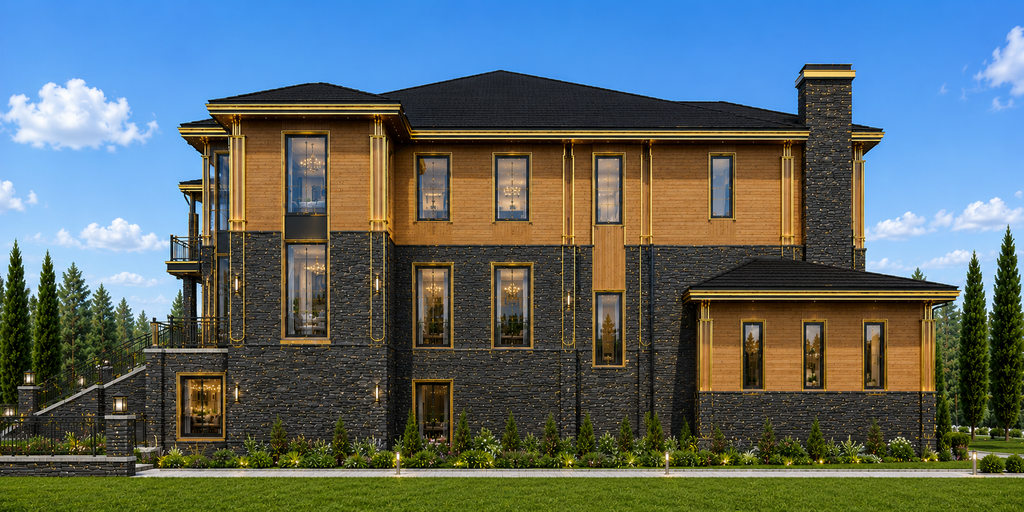 Stately two-story house with a mix of wood and stone exterior, surrounded by greenery. Own One of the Most Distinctive Luxury Estate Concepts Available Today — Featuring a Grand Glass Atrium, Waterfall Entry Experience, Resort-Level Amenities, and Over 18,500 Square Feet of Architectural Excellence.