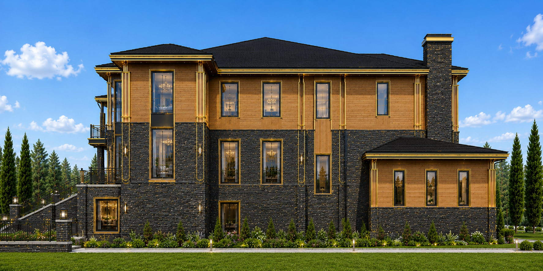 Stately two-story house with a mix of wood and stone exterior, surrounded by greenery. Own One of the Most Distinctive Luxury Estate Concepts Available Today — Featuring a Grand Glass Atrium, Waterfall Entry Experience, Resort-Level Amenities, and Over 18,500 Square Feet of Architectural Excellence.