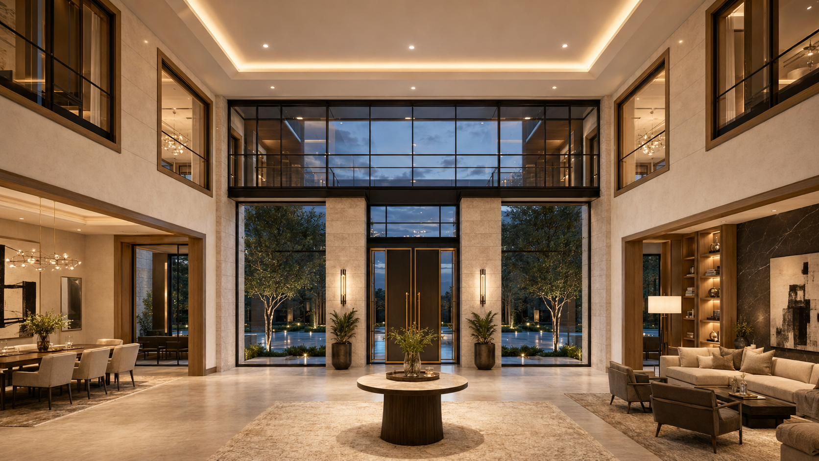 Luxurious interior of a modern house with high ceilings, large windows, and elegant decor. Premium modern mansion blueprint image featuring Helio Span House original floor plan, reversed floor plan, luxury courtyard residence, pool axis, glass bridge, material palettes, renderings, and advanced conceptual design.