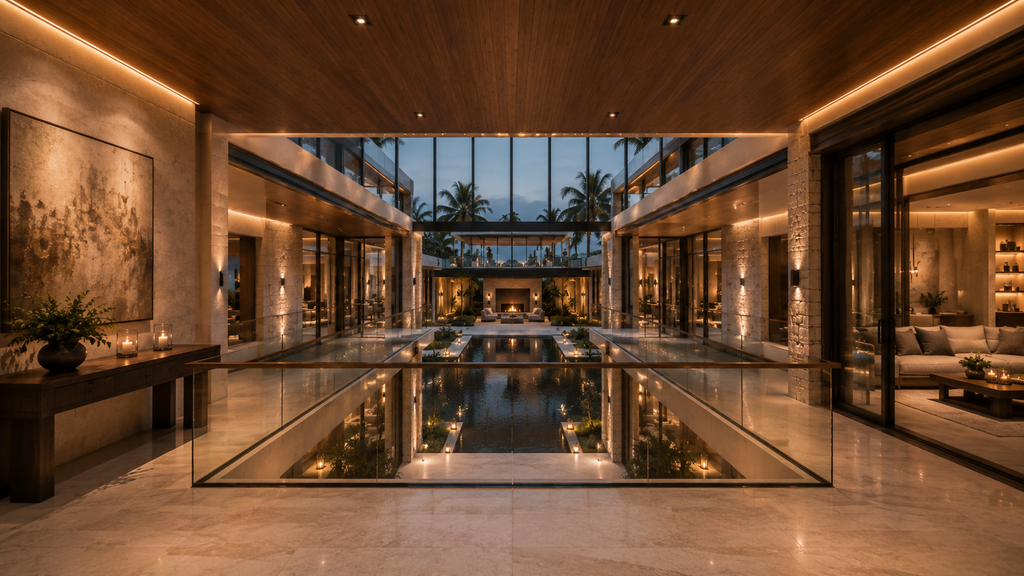 Luxurious indoor pool area with modern decor and large windows. Helio Span House package highlights graphic showing original and reversed conceptual floor plans, luxury courtyard residence, interior and exterior inspiration, structural concept drawings, and presentation-ready blueprint package.