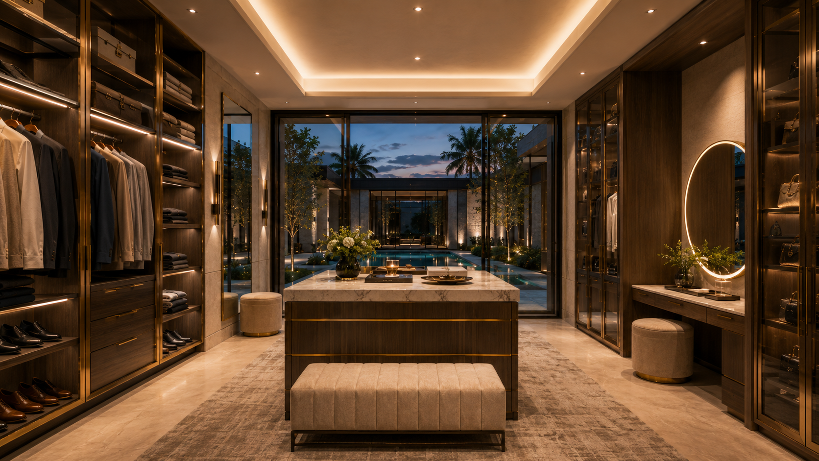Luxurious walk-in closet with reflective surfaces and modern decor. Helio Span House virtual tour presentation showing original vs reversed luxury modern home design, central courtyard lifestyle, resort-inspired outdoor living, architectural renderings, and floor plan comparison graphics.