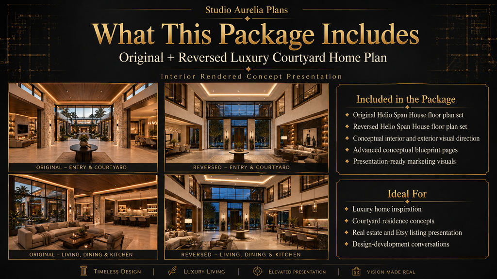 Promotional image for a luxury courtyard home plan package with interior views and features. Helio Span House marketing image for luxury home plan package showing modern estate exterior, original vs reversed layout options, courtyard-centered living, indoor-outdoor design, and architectural blueprint tour.